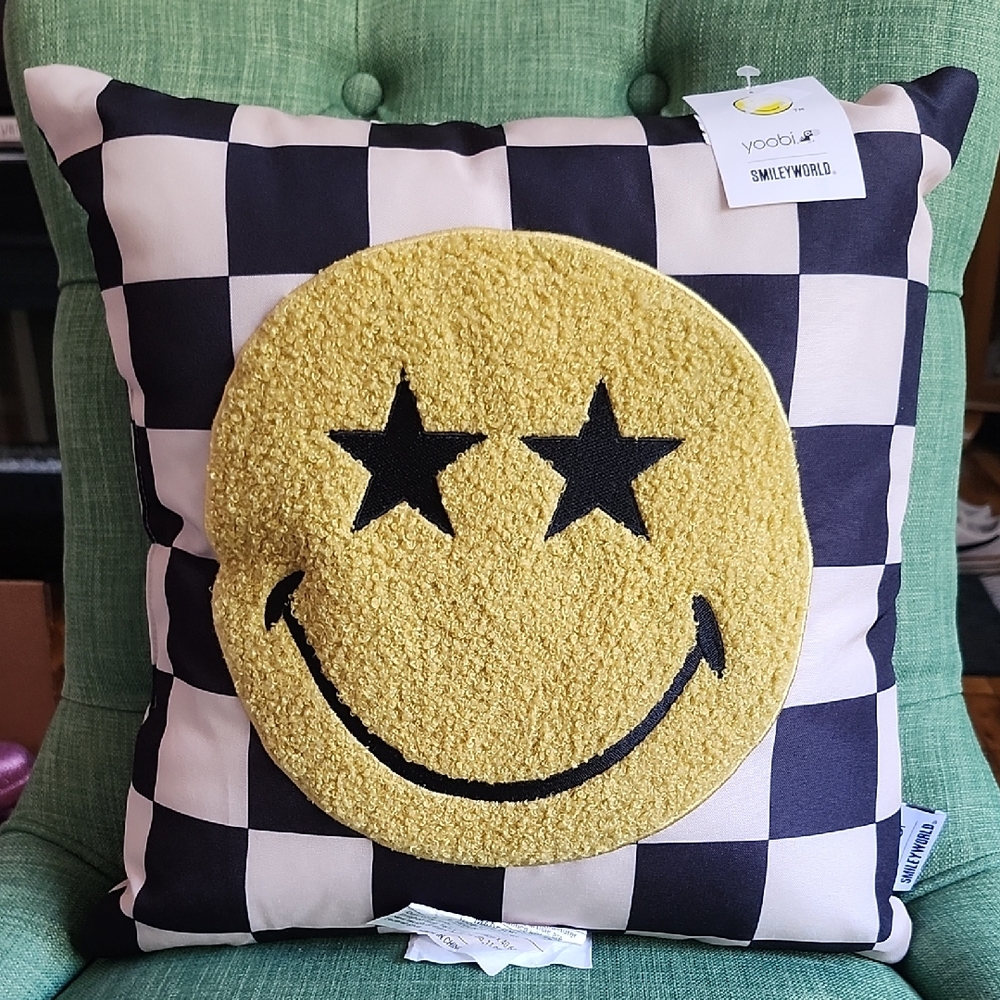 Yoobi Black and Cream Checkered Pillow with Yellow Smiley